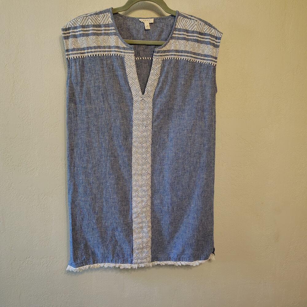 Soft Joie Chambray Embroidered Tunic Dress Boho Fringe Hem Shift Dress Medium